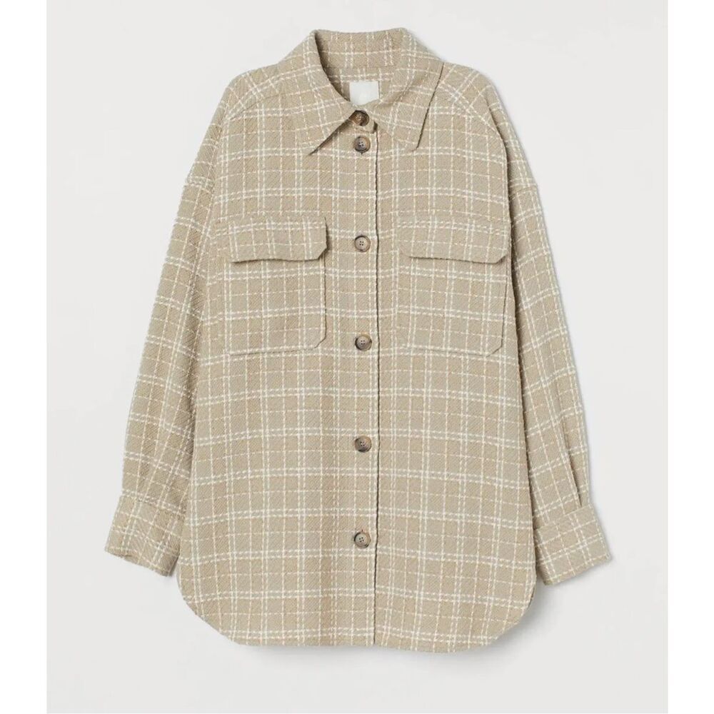 H&M Women's Tan Cream Window Pane Collared Button Down Shacket Size XL
